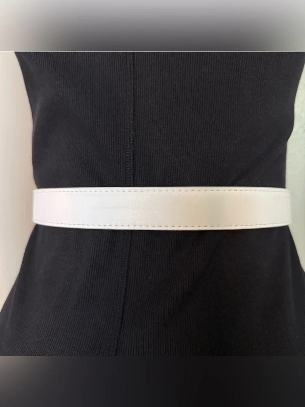 White PU leather silver tone square buckle minimalist style belt